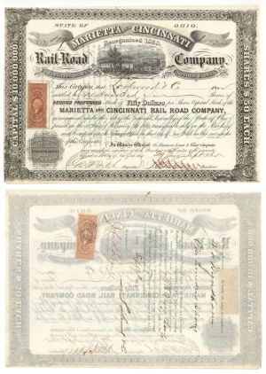 Marietta and Cincinnati Rail-Road Co. - 1865 dated Stock Certificate with Revenue Stamps