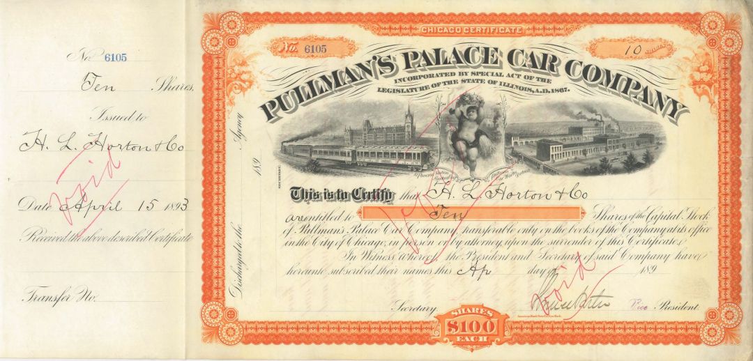 Pullman's Palace Car Co. - 1893 dated Stock Certificate