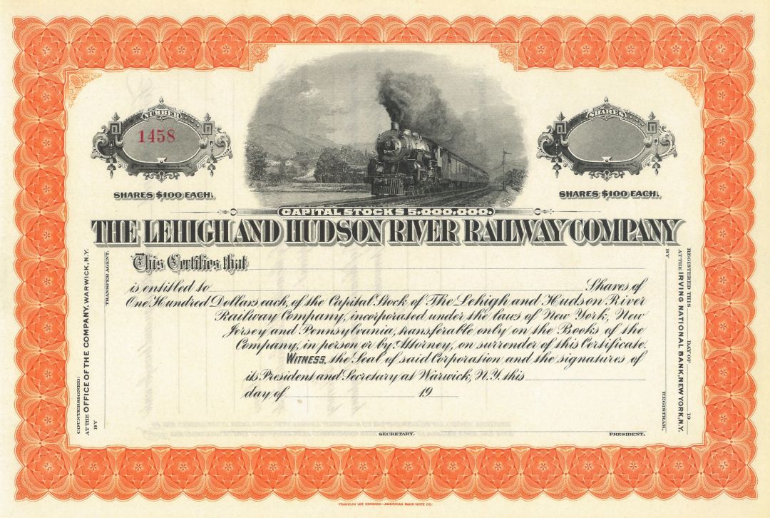 Lehigh and Hudson River Railway Co. - Railroad Stock Certificate