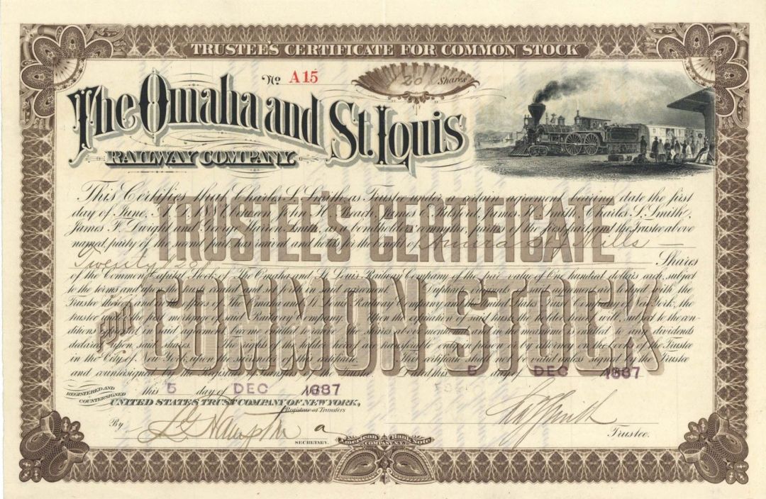 Omaha and St. Louis Railway Co. - 1887 dated Stock Certificate