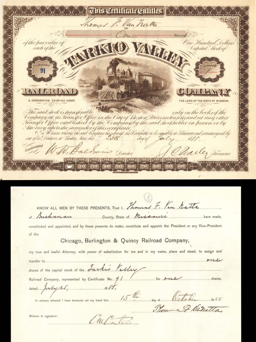 Tarkio Valley Railroad Co. - 1888 dated Stock Certificate