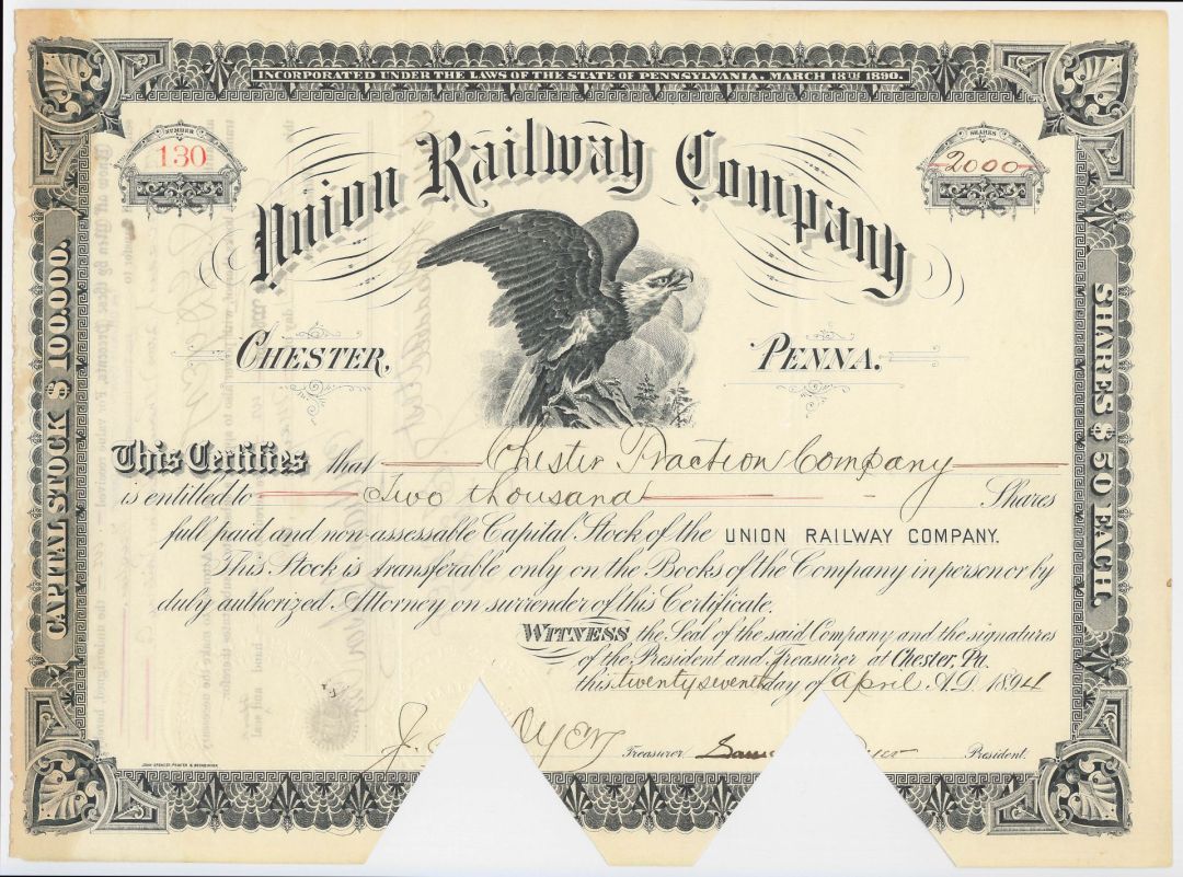 Union Railway Co. - 1890's dated Railroad Stock Certificate - Cut Cancellations