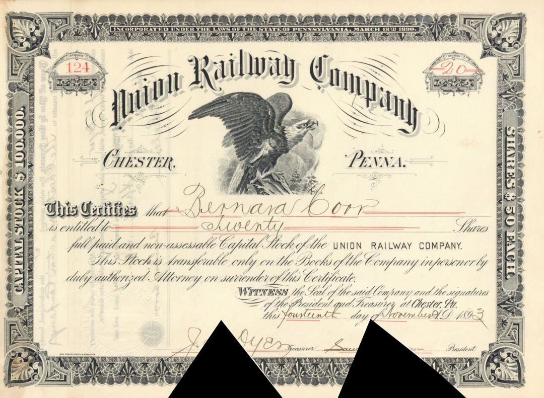 Union Railway Co. - 1890's dated Railroad Stock Certificate - Cut Cancellations