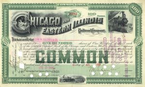 Chicago and Eastern Illinois Railroad Co. - 1899 dated ailway Stock Certificate - Available in Green, Brown or Olive - Please Specify Color