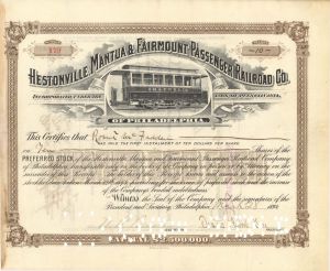 Hestonville, Mantua and Fairmount Passenger Railroad Co. - 1894 dated Railway Stock Certificate