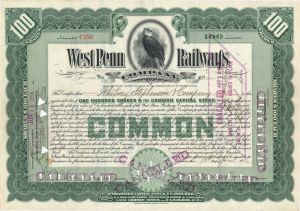 West Penn Railways Co. - 1906 dated Stock Certificate