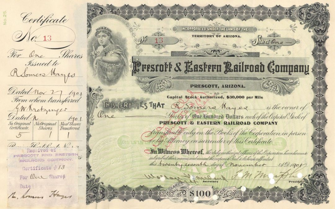 Prescott and Eastern Railroad Co. - Signed by Frank M. Murphy - 1900's-20's dated Prescott, Arizona Railway Stock Certificate - Part of the Atchison, Topeka and Santa Fe Railroad