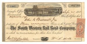 South Western Rail Road Co. - 1868 dated Stock Certificate with Revenue Stamp