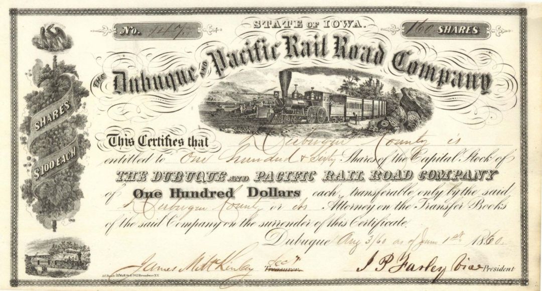 Dubuque and Pacific Rail Road Co. - 1860 dated Stock Certificate