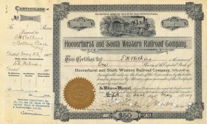 Hooverhurst and South Western Railroad Co. - 1913 dated Pennsylvania Railway Stock Certificate