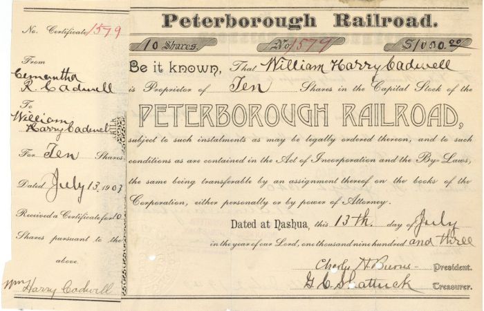 Peterborough Railroad - Stock Certificate