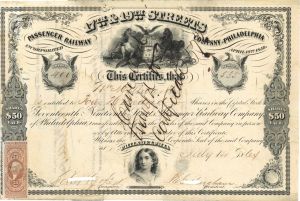 17th and 19th Streets Passenger Railway Co. of Philadelphia - 1864 dated Railroad Stock Certificate with Revenue Stamp