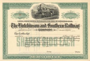 Hutchinson and Southern Railway Co. - Unissued Railroad Stock Certificate