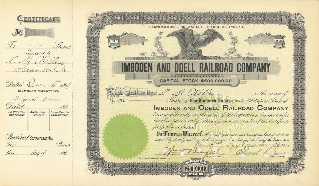 Imboden and Odell Railroad Co. - Stock Certificate