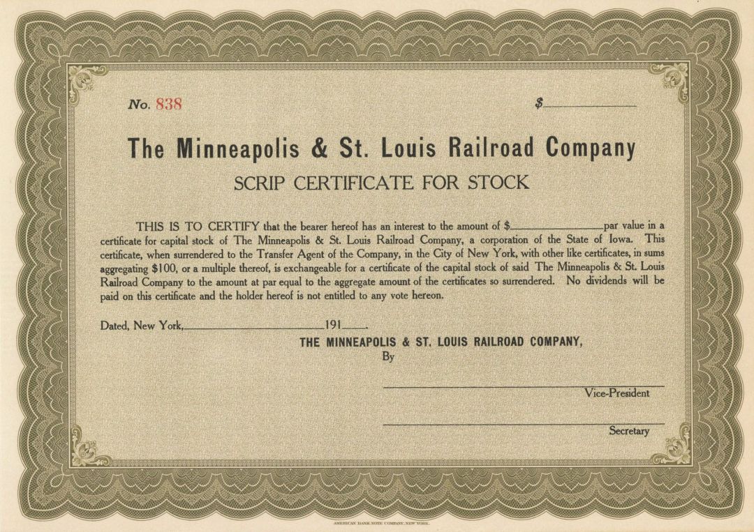 Minneapolis and St. Louis Railroad Co. - Stock Certificate