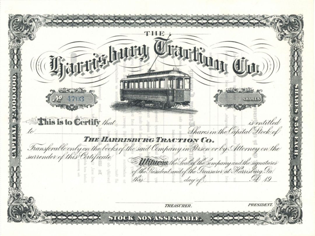 Harrisburg Traction Co. - Unissued Stock Certificate