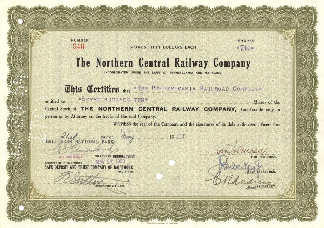 Northern Central Railway Co. - 1940's-50's dated Railroad Stock Certificate