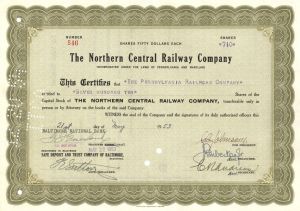 Northern Central Railway Co. - 1940's-50's dated Railroad Stock Certificate