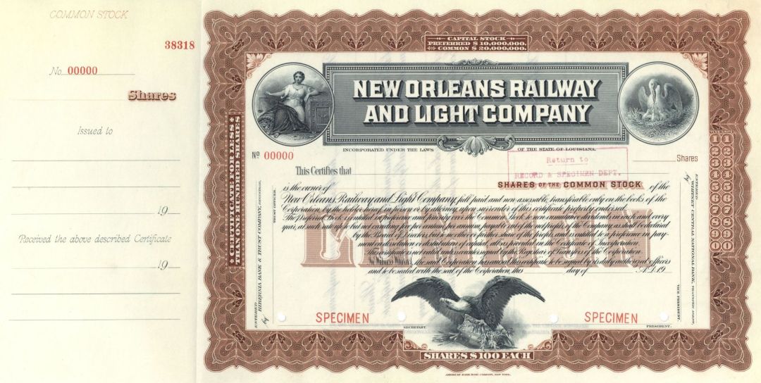 New Orleans Railway and Light Co. - Specimen Stock Certificate