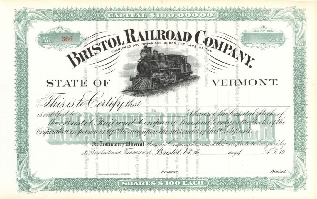 Bristol Railroad Co. - Unissued Stock Certificate