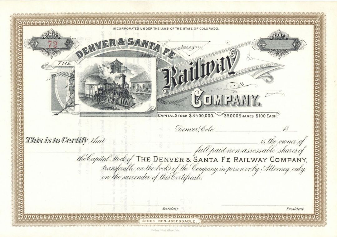 Denver and Santa Fe Railway Co. - circa 1890's Railroad Stock Certificate - Part of the Atchison, Topeka and Santa Fe Railway