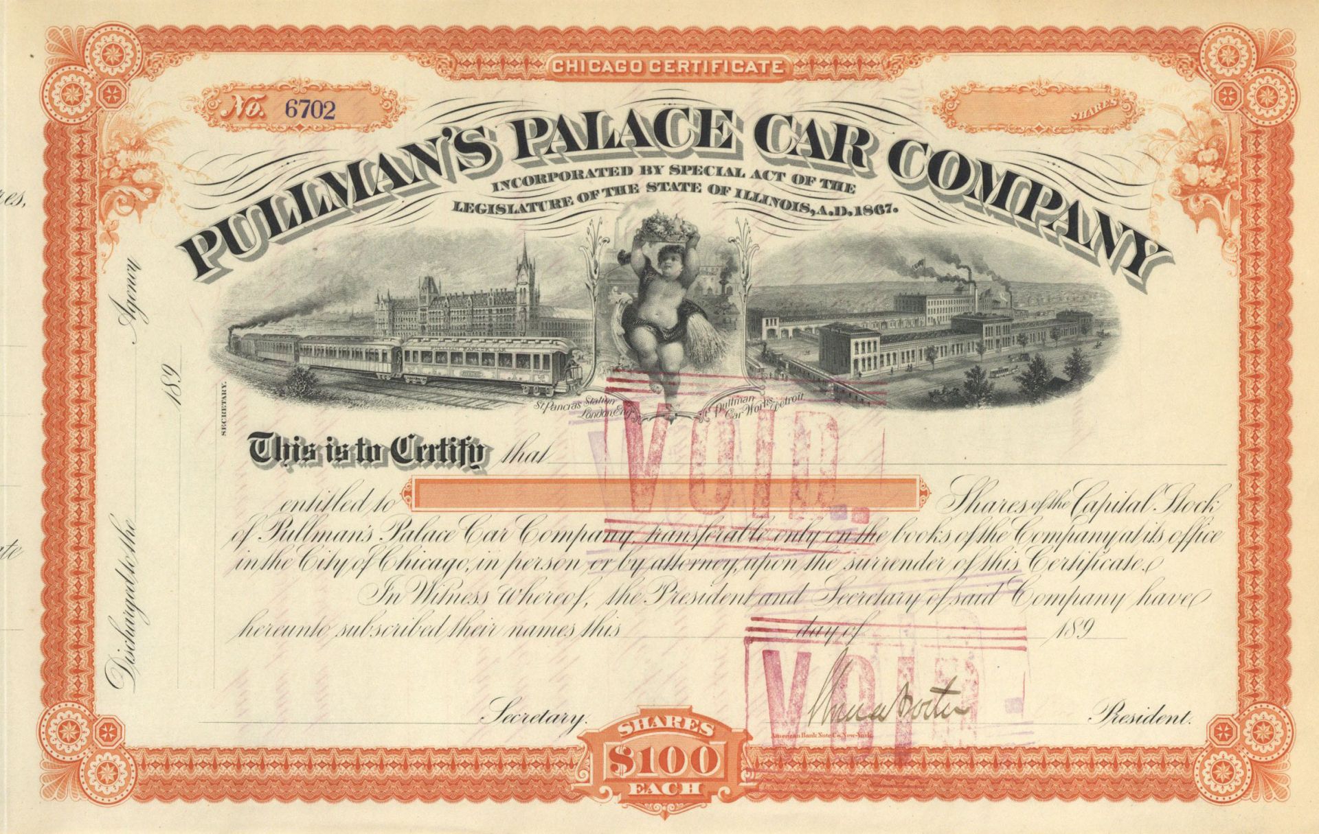 Pullman's Palace Car Co. - Unissued Stock Certificate