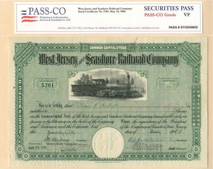 West Jersey and Seashore Railroad Co. - Stock Certificate