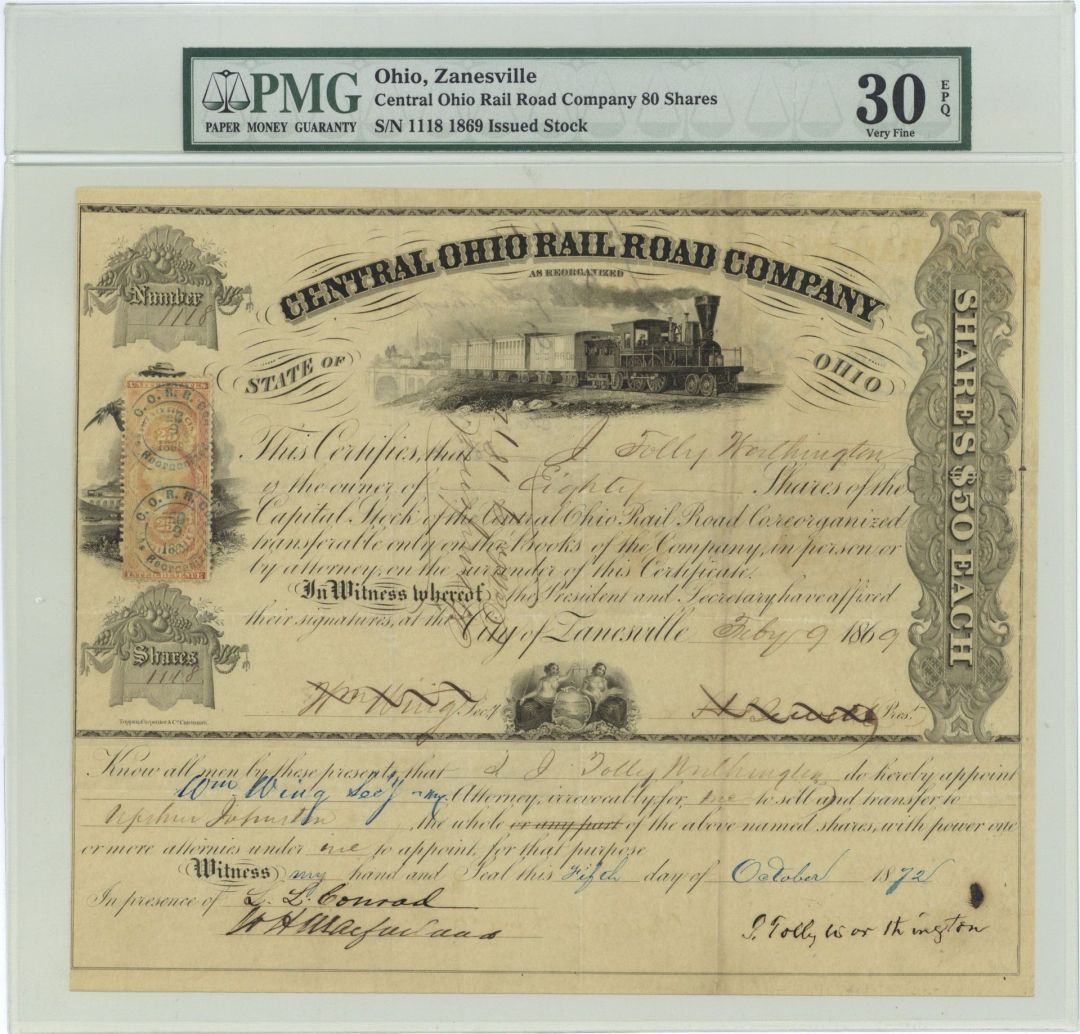 Central Ohio Railroad Co. - 1872 dated Railway Stock Certificate - PMG 30 EPQ Graded