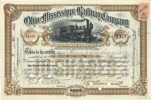 Ohio and Mississippi Railway Co. - 1890 dated Stock Certificate with Revenue Stamp