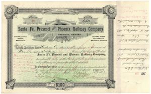 Santa Fe, Prescott and Phoenix Railway Co. - 1893 dated Territory of Arizona Railroad Stock Certificate