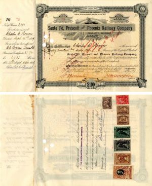 Santa Fe, Prescott and Phoenix Railway Co. - 1899 dated Territory of Arizona Railroad Stock Certificate