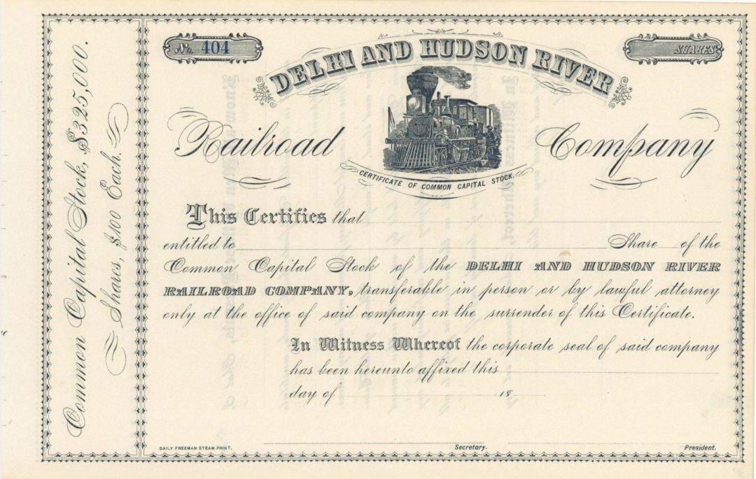 Delhi and Hudson River Railroad Co. - 1890's Unissued Railway Stock Certificate