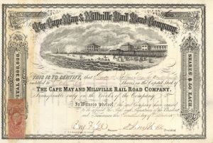 Cape May and Millville Rail Road Co. - 1873 dated New Jersey Railway Stock Certificate