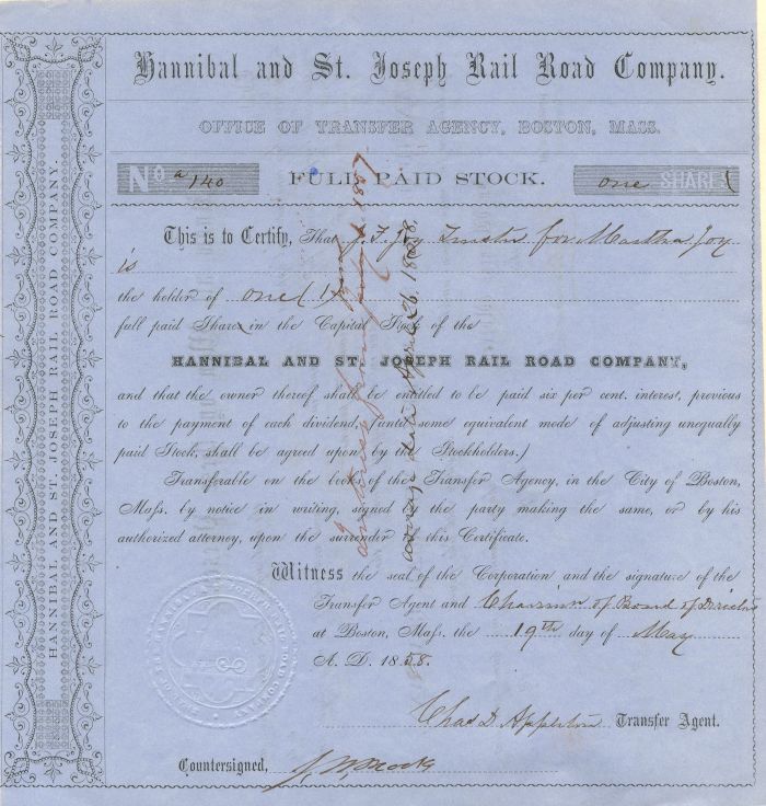 Hannibal and St. Joseph Railroad Co. - 1858 dated Railway Stock Certificate