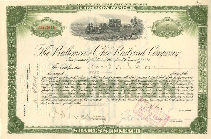 Baltimore and Ohio Railroad Co. - Stock Certificate