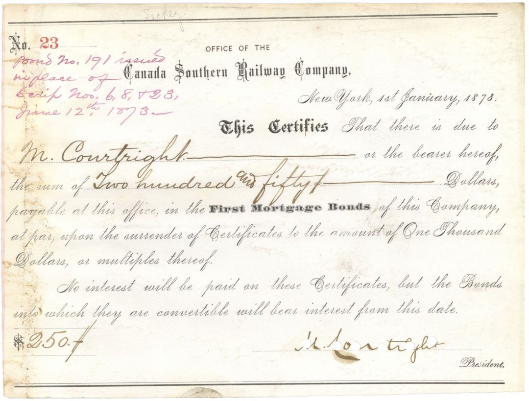 Canada Southern Railway Co. - 1878 dated Railroad Certificate towards Convertible Interest Bearing Bonds