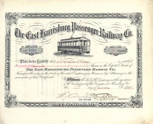 East Harrisburg Passenger Railway Co. - 1894 dated Stock Certificate