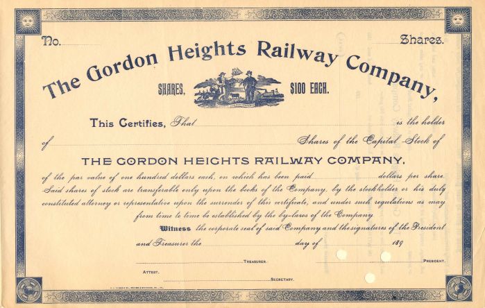 Gordon Heights Railway Co. - Stock Certificate