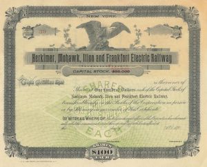 Herkimer, Mohawk, Ilion and Frankfort Electric Railway - Stock Certificate