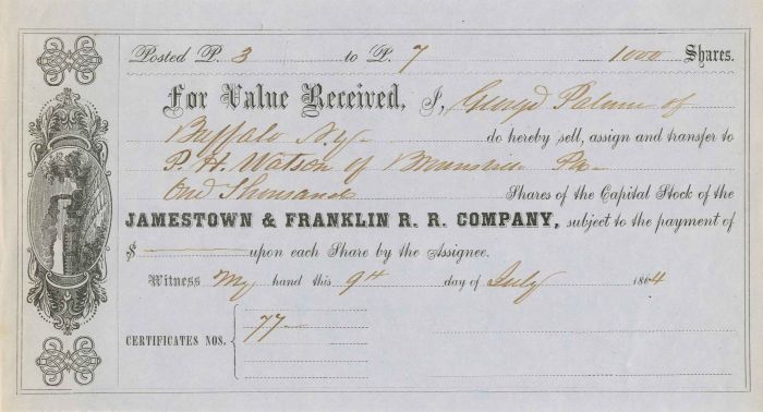 Jamestown and Franklin R.R. Co. - Stock Certificate