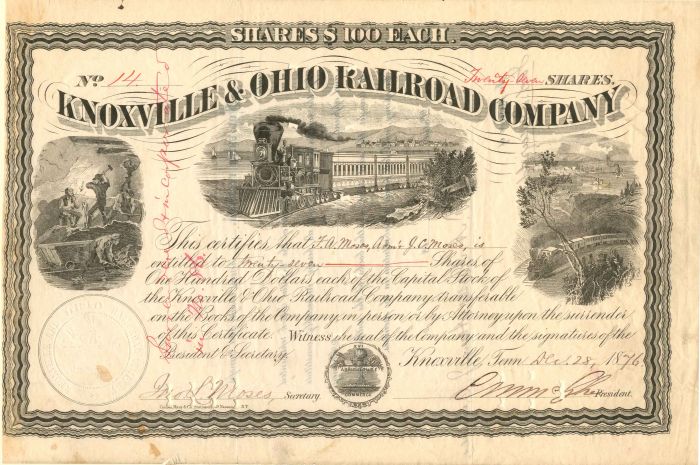 Knoxville and Ohio Railroad Co. - Stock Certificate