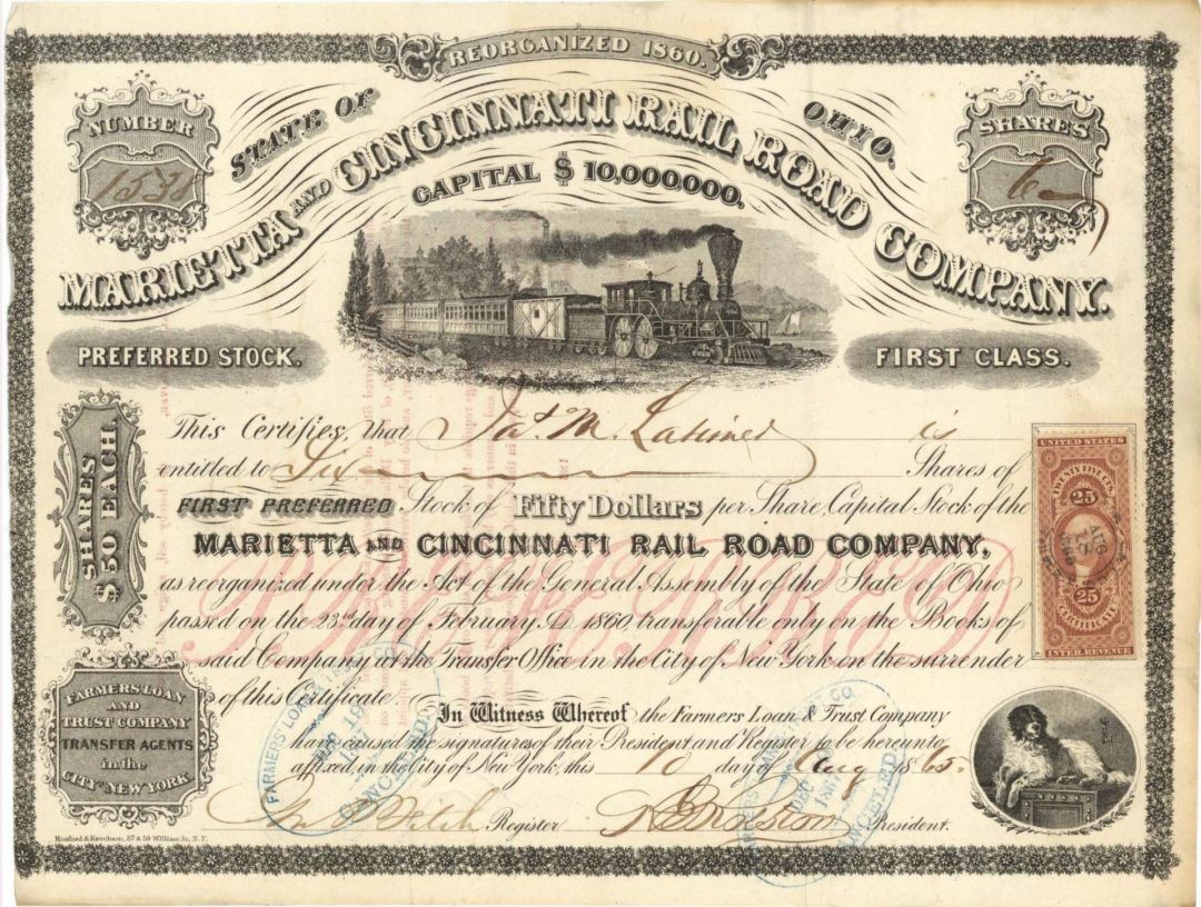 Marietta and Cincinnati Rail Road Co. - 1865 or 1866 dated Stock Certificate with Revenue Stamp