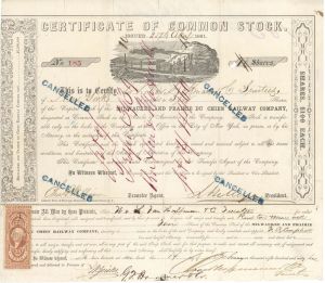 Milwaukee and Prairie Du Chien Railway Co. - 1861 dated Stock Certificate with Revenue Stamp