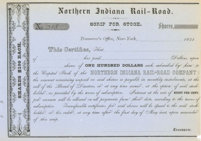 Northern Indiana Rail-Road - Stock Certificate