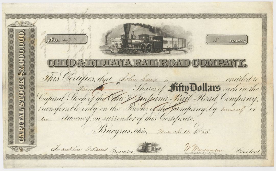 Ohio and Indiana Railroad Co. - 1852-1855 dated Railway Stock Certificate