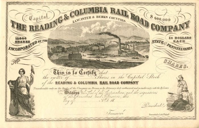 Reading and Columbia Rail Road Co. - Stock Certificate