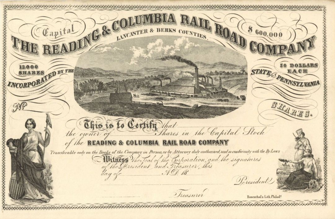 Reading and Columbia Rail Road Co. - Unissued Stock Certificate