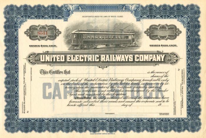 United Electric Railways Co. - Stock Certificate