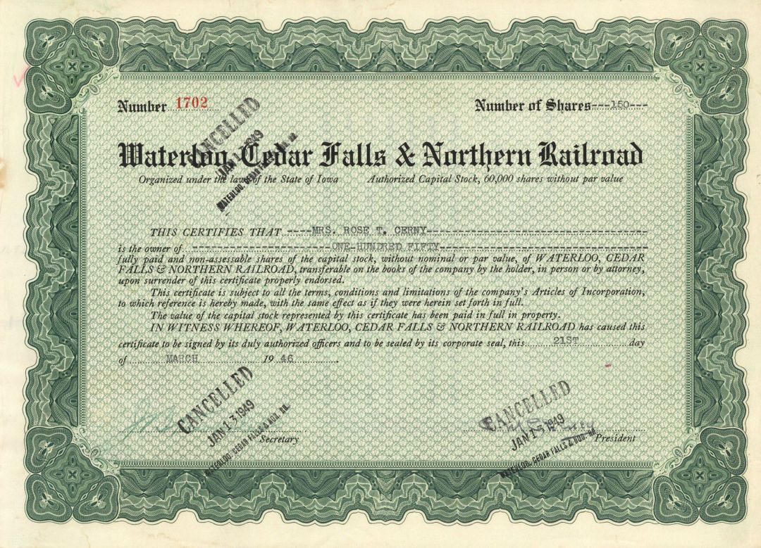 Waterloo, Cedar Falls and Northern Railroad - Stock Certificate