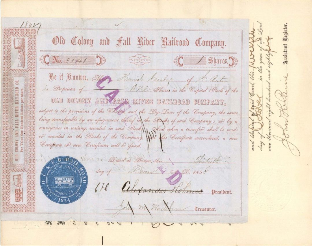 Old Colony and Fall River Railroad Co. and Probate Document - 1850 and 1886 dated Stock Certificate